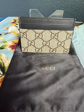 Gucci Beige and Brown GG Canvas Card Case with Black Trim